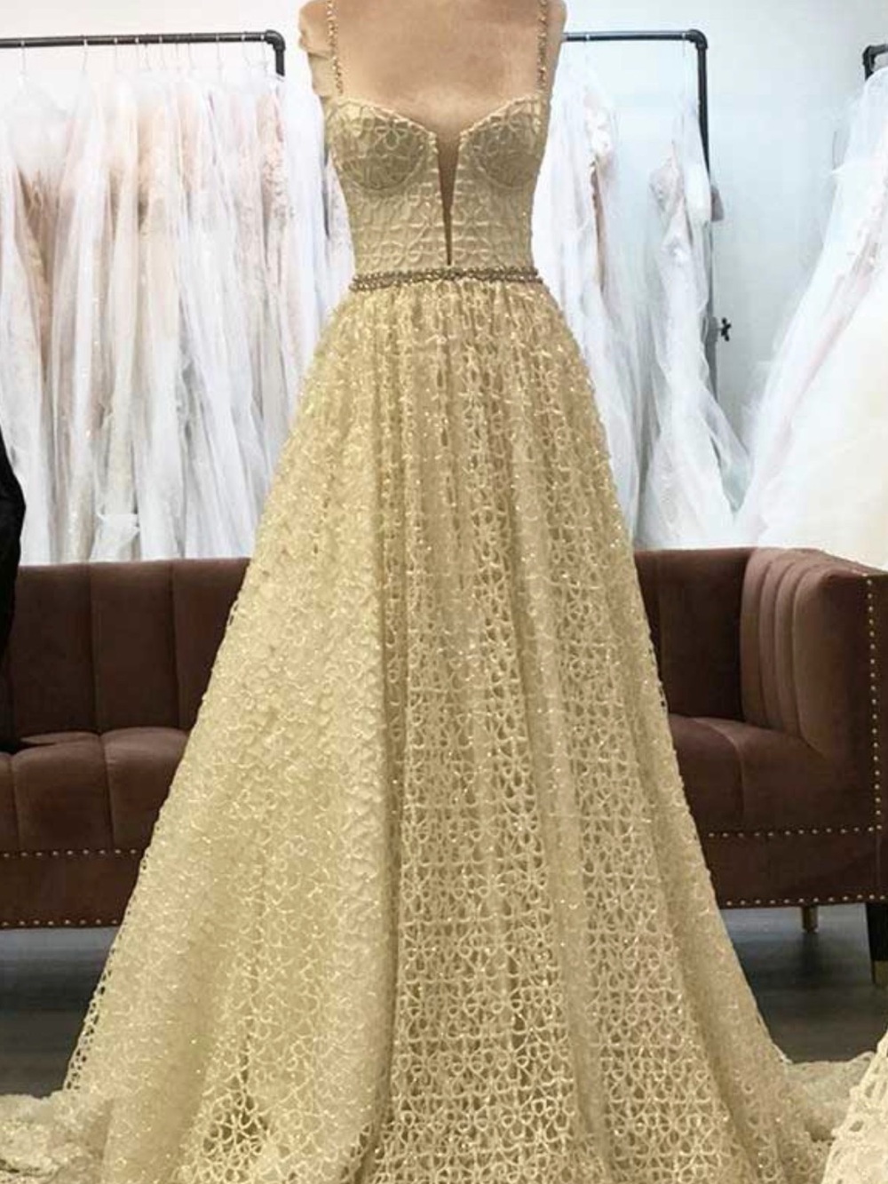 Elegant Ivory Lace A-Line Evening Dress with Deep V Bodice